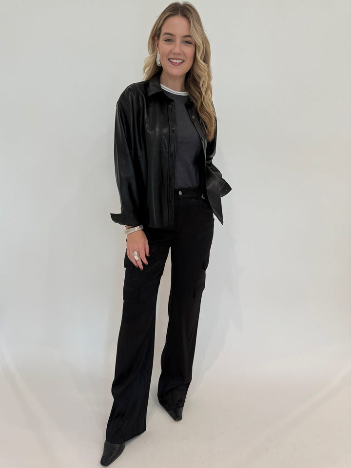 Goldie Metallic Tipped Ringer Tee in Iron layered with Melissa Nepton Driane Faux Leather Shirt in Black, paired with Marrakech Zendaya Silky Cargo Pants in Black available at Barbara Katz