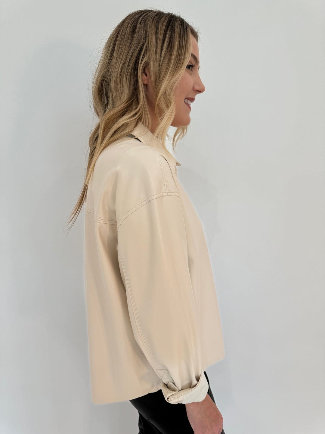 Melissa Nepton Driane Faux Leather  Long Sleeve Shirt in Cream available at Barbara Katz