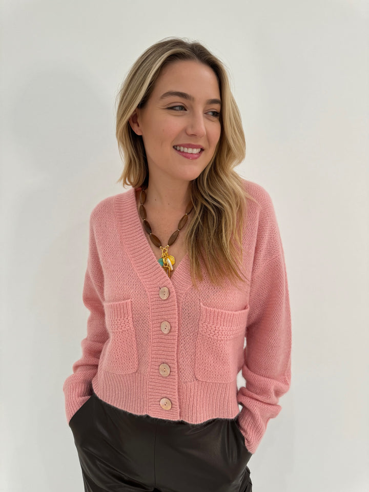 Colorush Amara Lolas Cropped Bomber Cardigan in Tea Rose with Lizzie Fortunato Marilla Necklace available at Barbara Katz