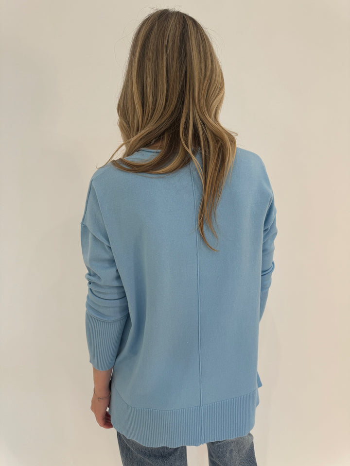 BK Selena Long Sleeve Roll V-Neck Sweater in Alaskan Blue available at Barbara Katz