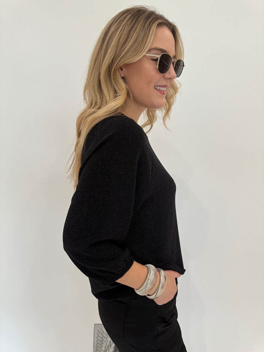 Elliott Lauren Starry Night Raglan Sleeve Top in Black with BK Silver Cobra Cuff and Bracelet available at Barbara Katz