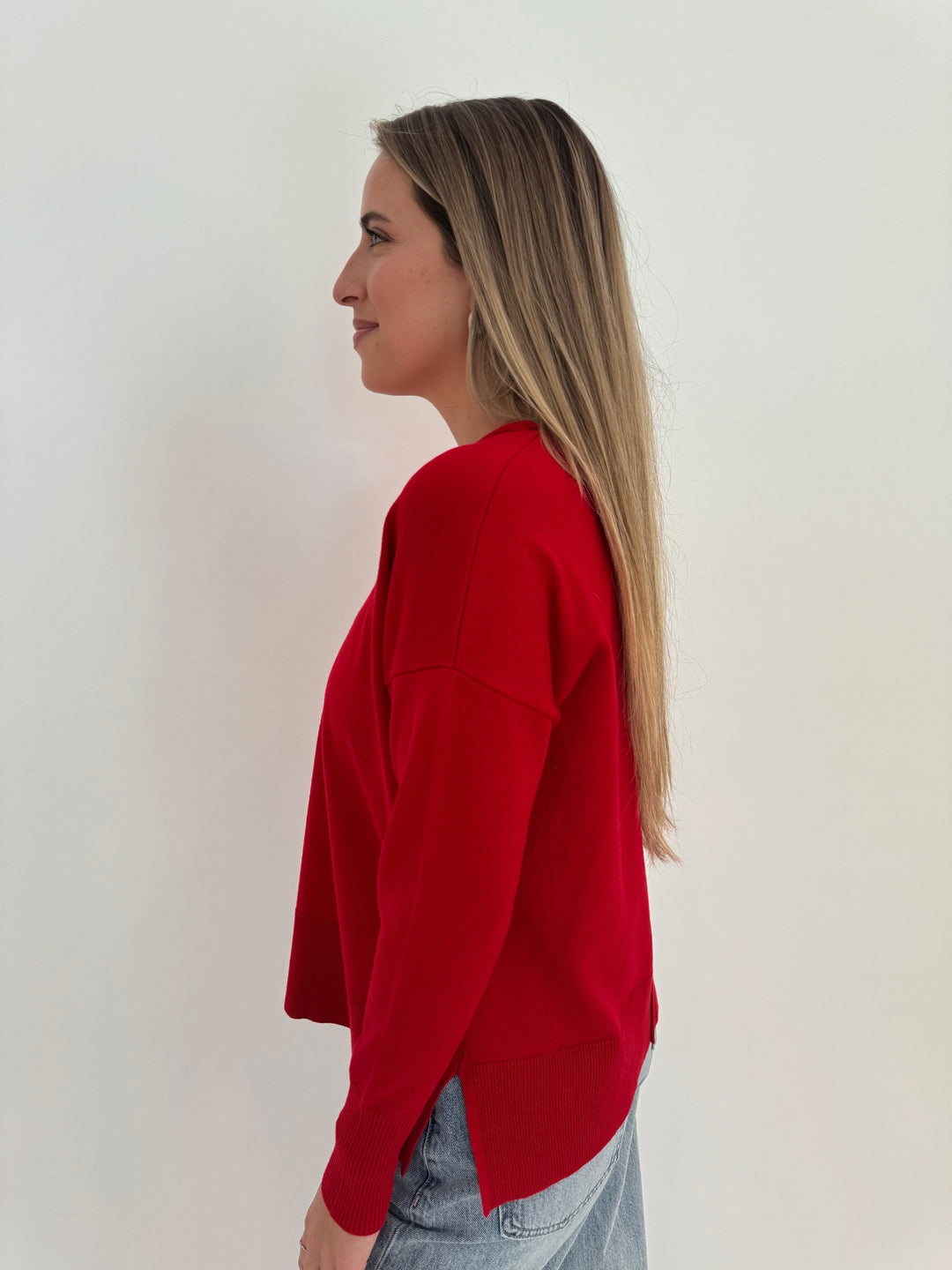 BK Stella Roll Crew Neck Long Sleeve Sweater in Warm Red available at Barbara Katz