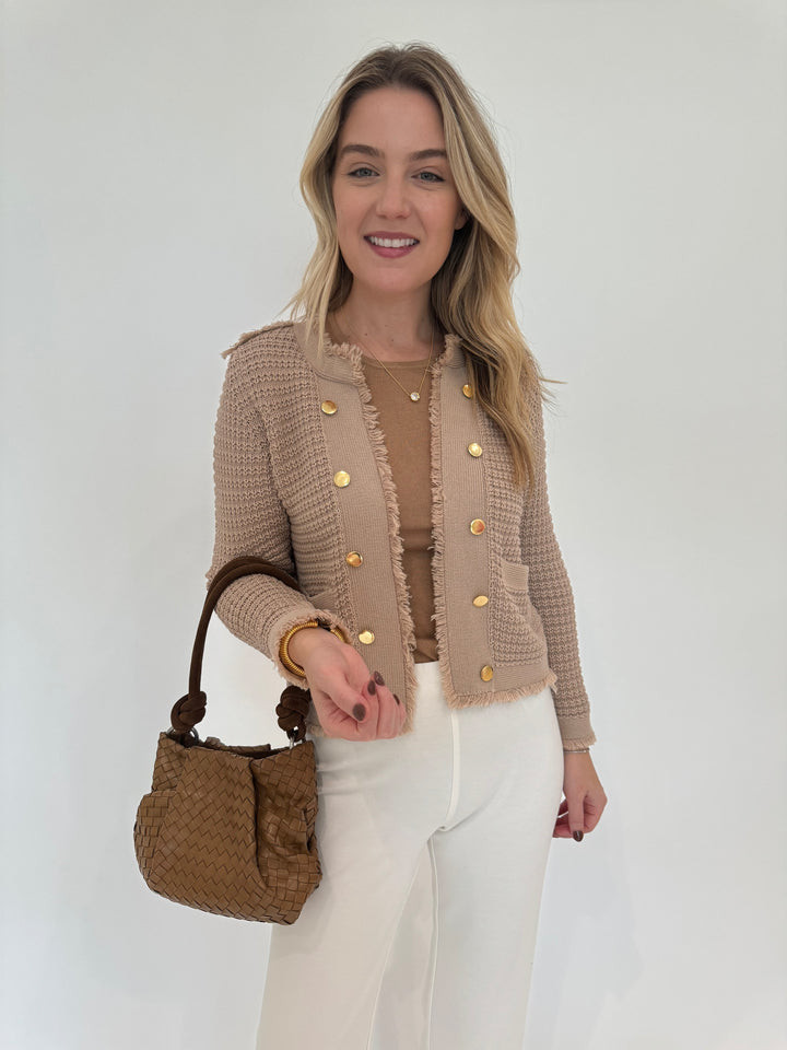 Kinross Cashmere Fitted Crew Sweater in Camel layered with Kerri Rosenthal Beau-lero Fringe Caardigan in Camel, Daniella Lehavi Bali Mini Knotted Bag in Caramel Woven - all available at Barbara Katz