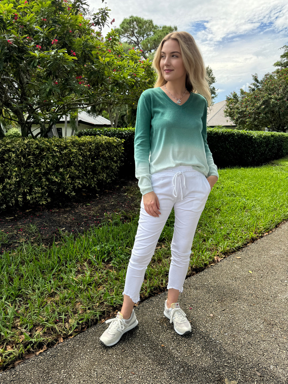 Elliott Lauren Lina Ombre Long Sleeve Sweater in Sea Salt paired with BK Distressed Fringe Hem Crinkle Jogger in White available at Barbara Katz