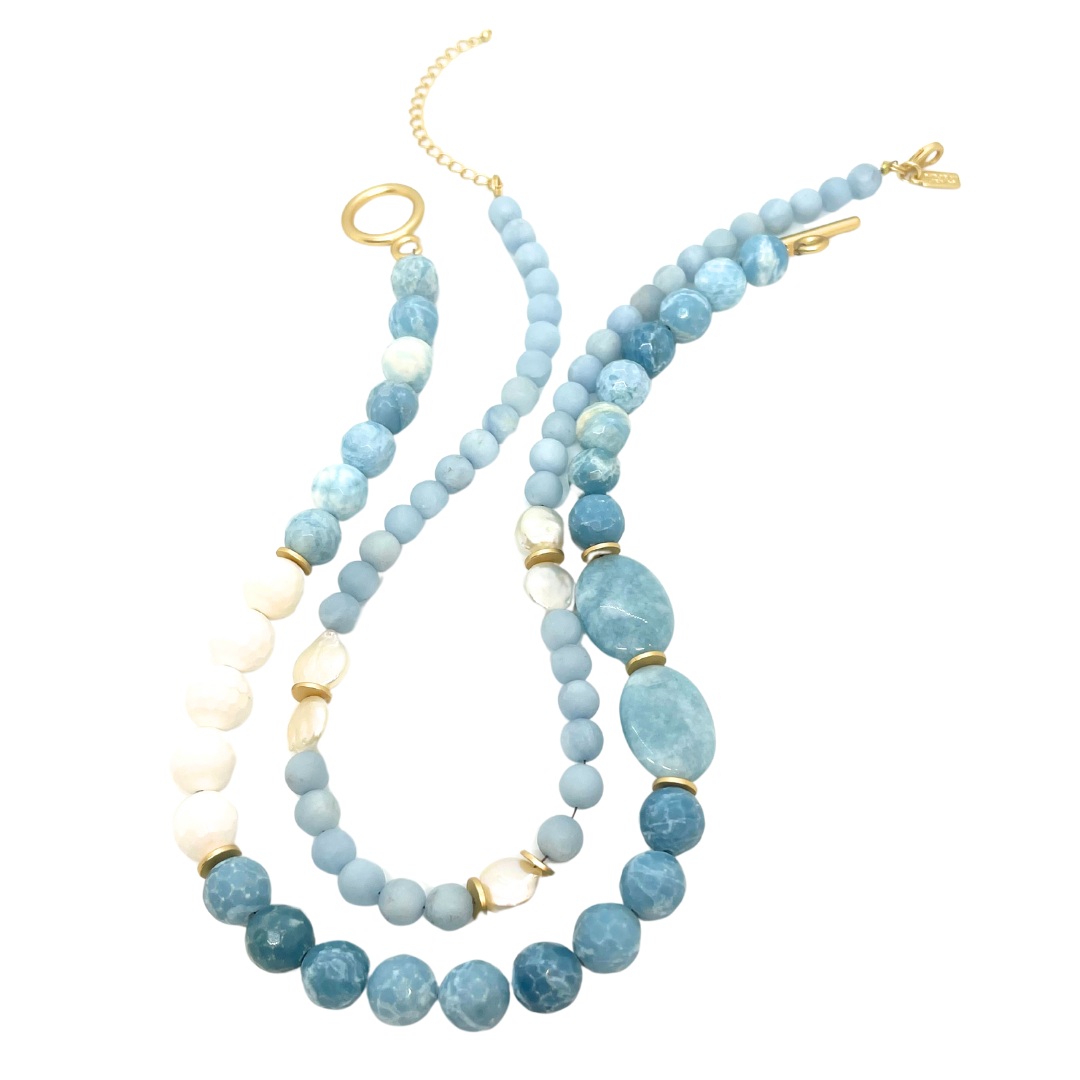 Deborah Grivas Matte Aquamarine and Freshwater Coin Pearl Necklace