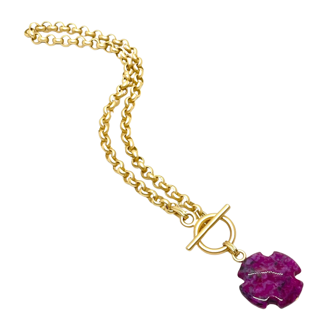 Deborah Grivas Aqua Terra Jasper Cross on Matte Gold Rolo Chain - Magenta