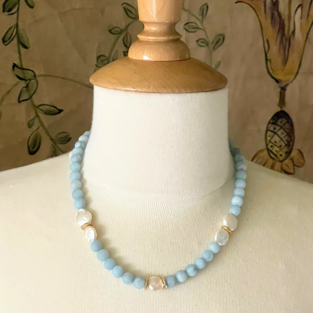 Deborah Grivas Matte Aquamarine and Freshwater Coin Pearl Necklace