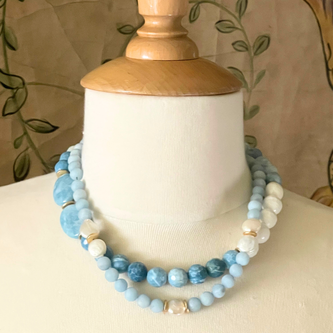 Deborah Grivas Larimar, White Jade, and Gold Disk Necklace