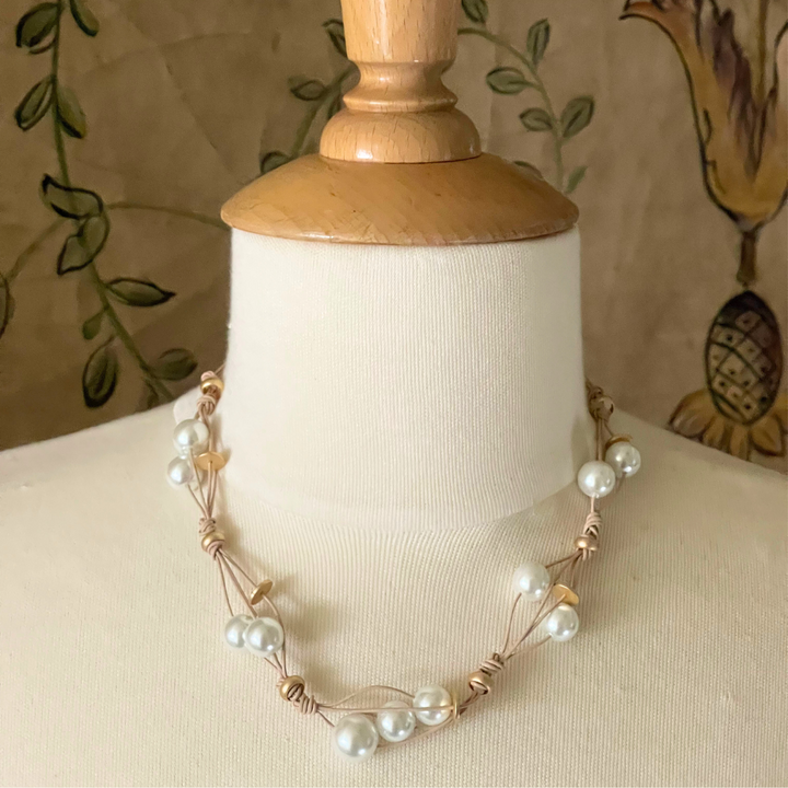 Deborah Grivas White Pearl Woven Leather Necklace