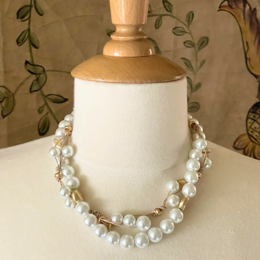 Deborah Grivas White Pearl Woven Leather Necklace