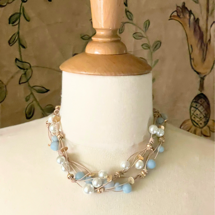 Deborah Grivas Matte Aquamarine and Gold Disk Necklace Woven On Putty Leather