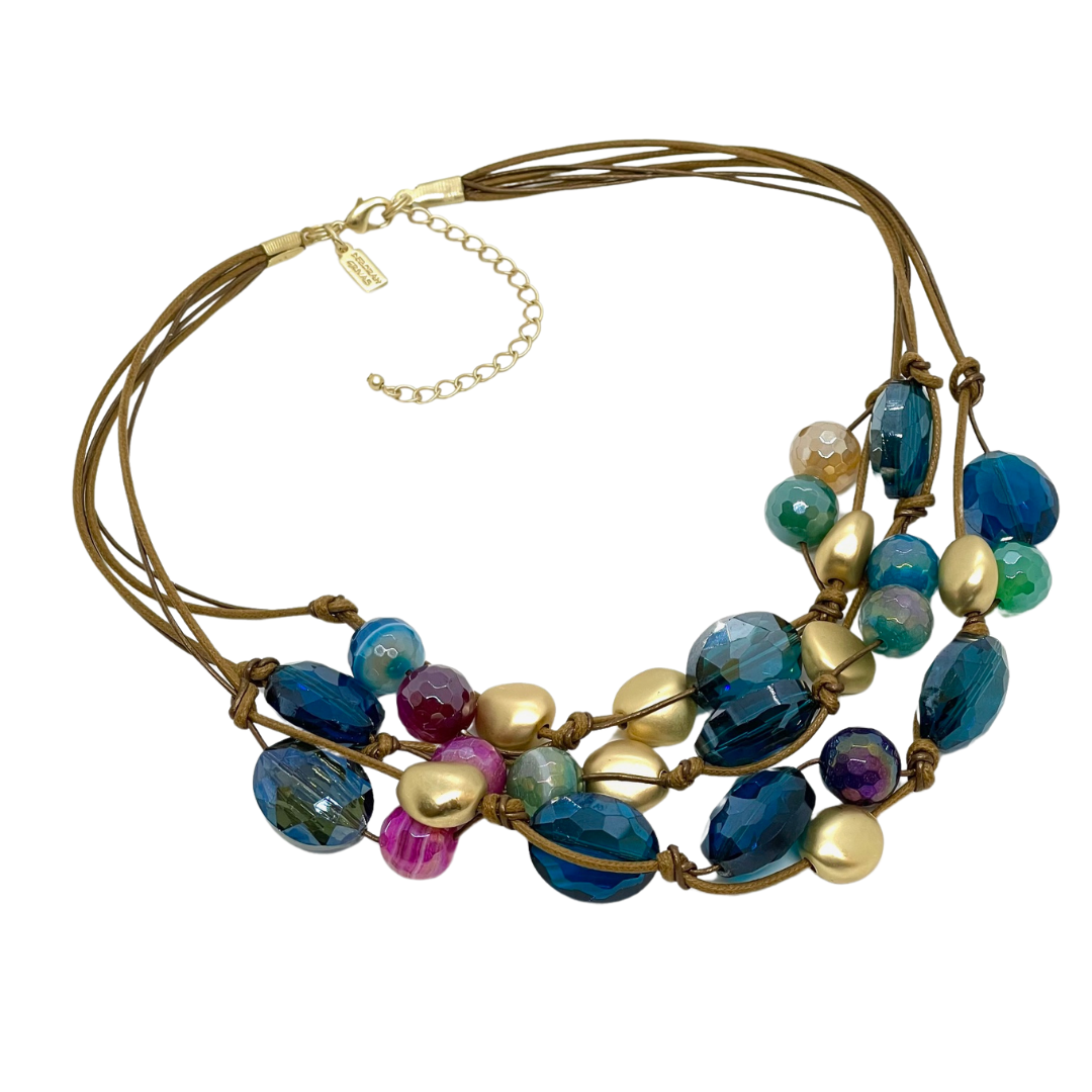 Deborah Grivas Multi Glazed Agate and Teal Crystal Torsade Necklace with Gold Nugget Accents on Bronze Leather and Linen