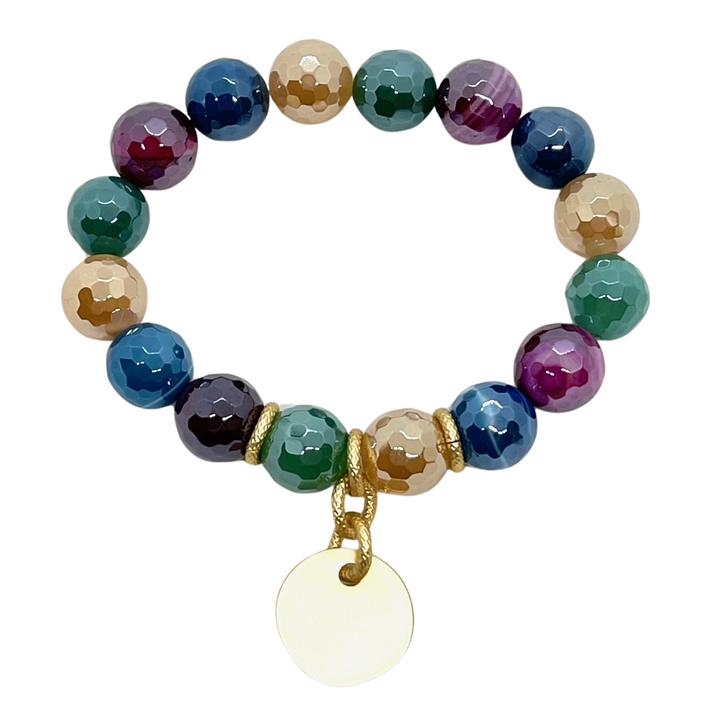 Deborah Grivas Multi Color Agate Stretch Bracelet With Matte Gold Charm Accent