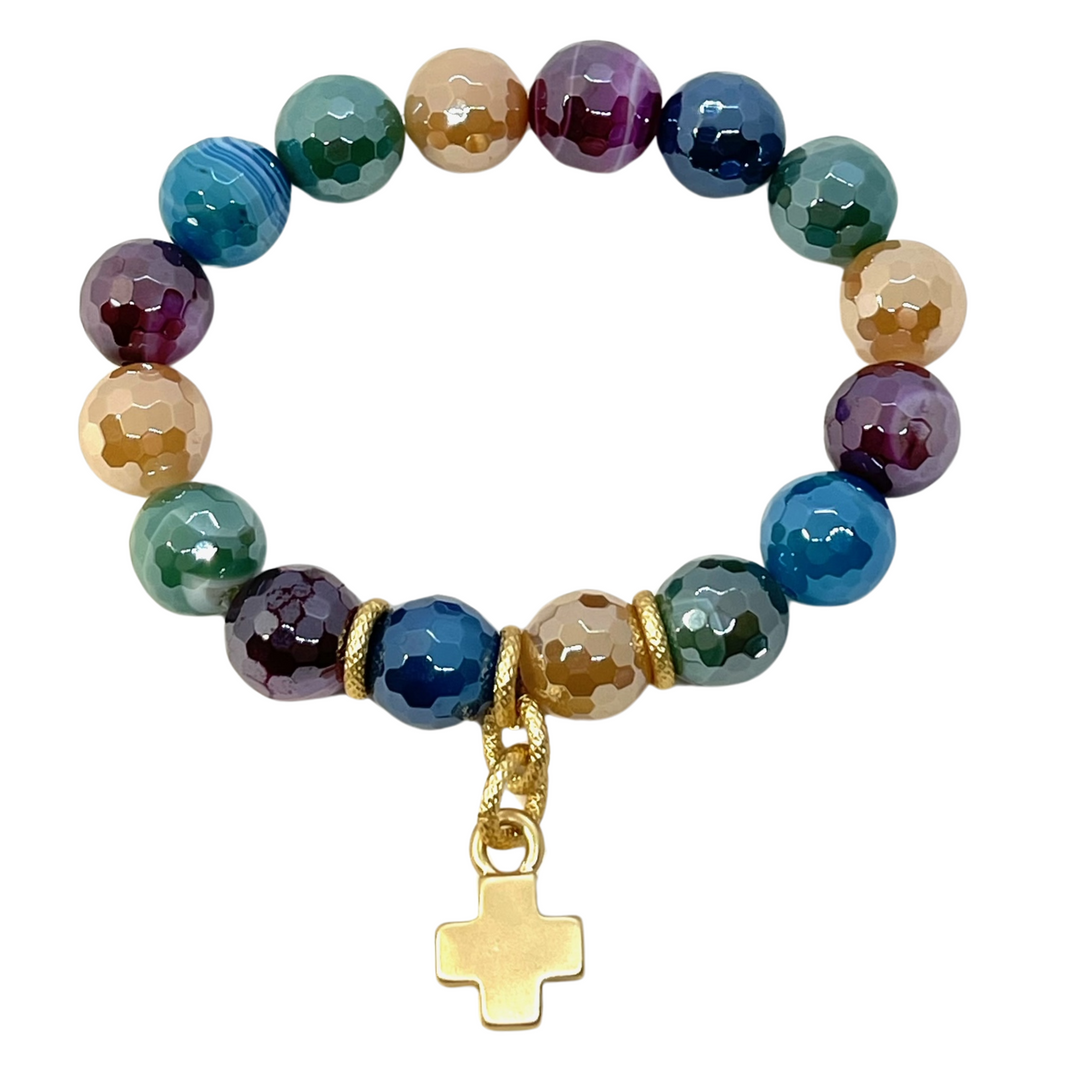 Deborah Grivas Multi Color Jasper Stretch Bracelet With Matte Gold Cross Charm