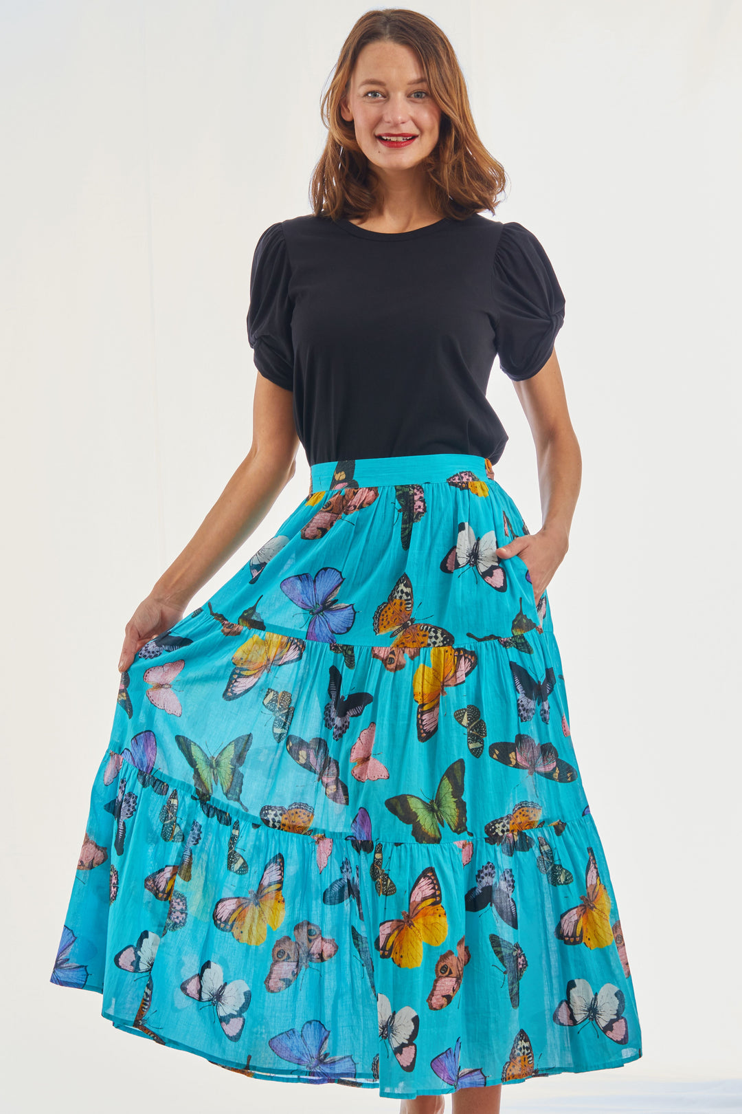 Dizzy-Lizzie Woodstock Midi Skirt - Turquoise With Butterflies available at Barbara Katz