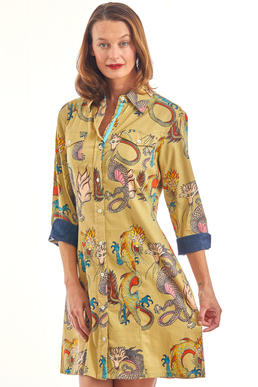 Dizzy-Lizzie Sag Harbor Dress - Khaki Dragons available at Barbara Katz