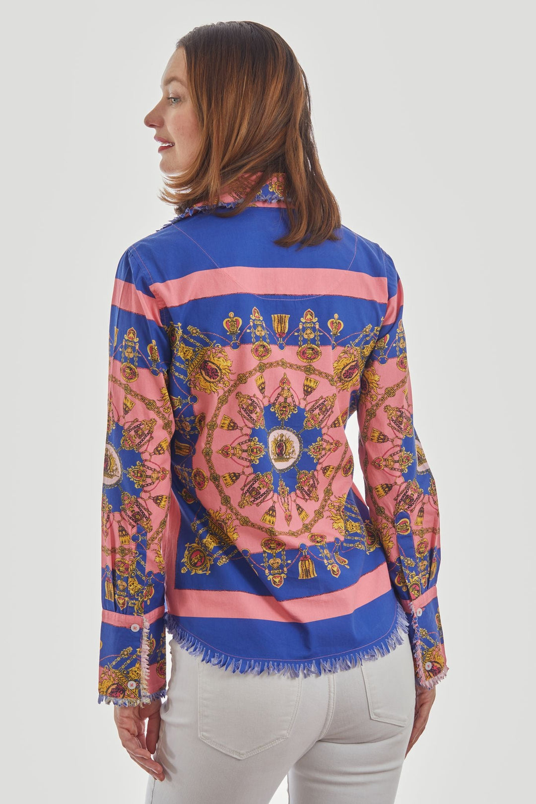 Dizzy-Lizzie Cape Cod Frayed Shirt - Navy Pink With Gold Engineered available at Barbara Katz