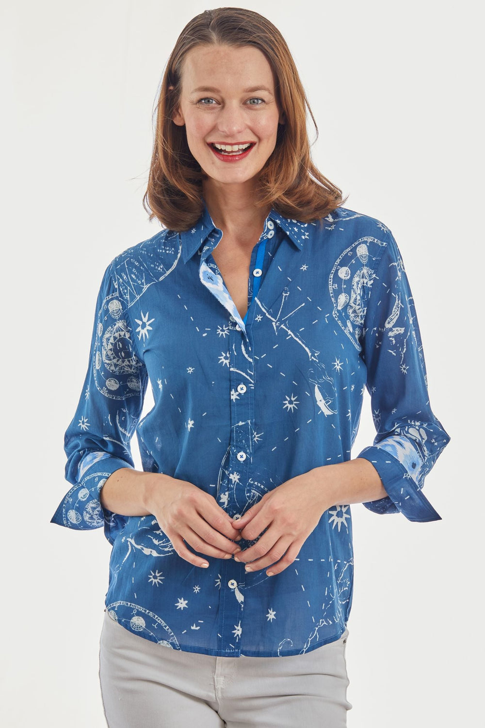 Dizzy-Lizzie Rome 3/4 Sleeve Shirt - Navy Constellation Print available at Barbara Katz