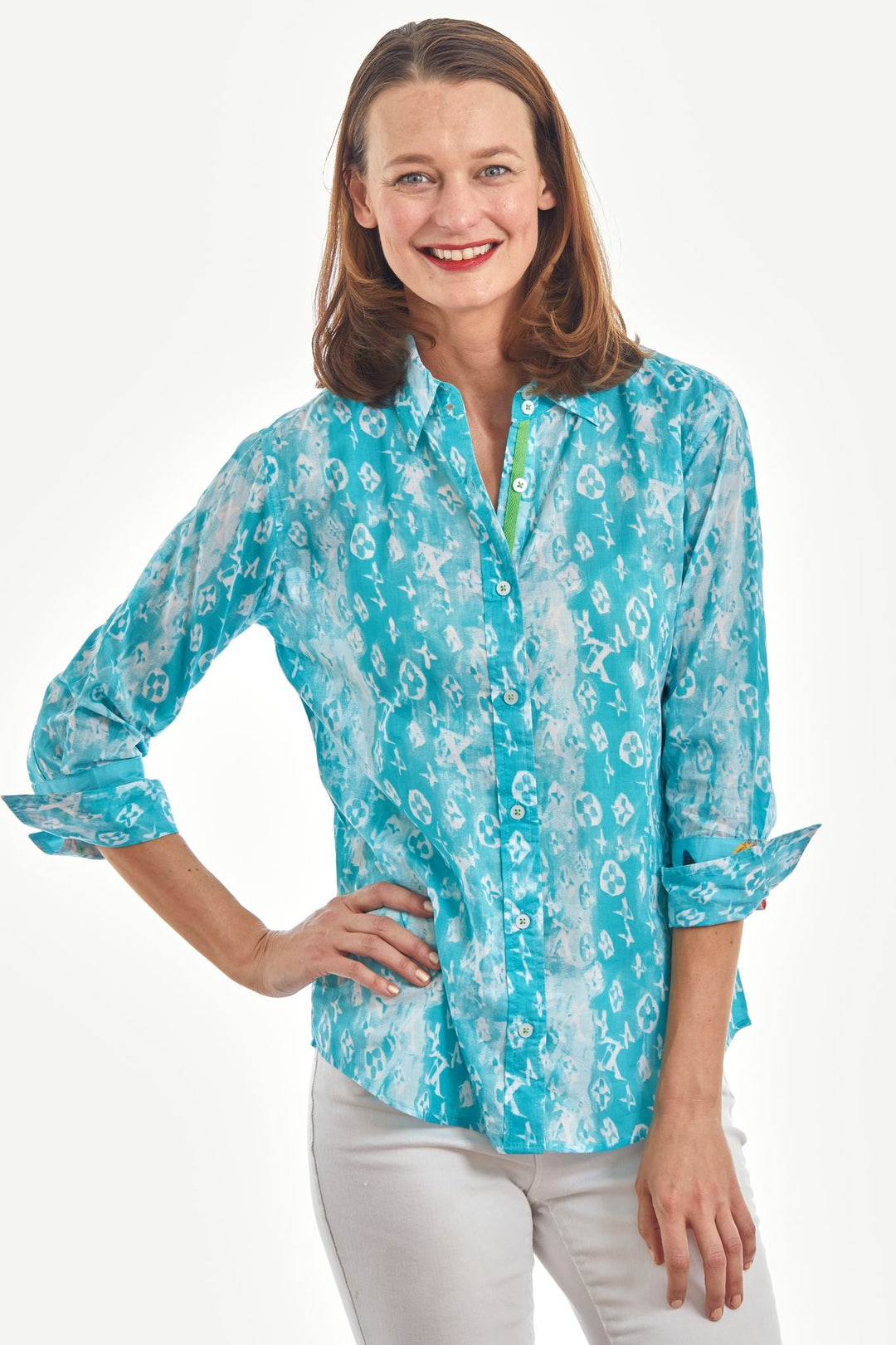 Dizzy-Lizzie Rome 3/4 Sleeve Shirt - Turquoise White Blurry Letters available at Barbara Katz