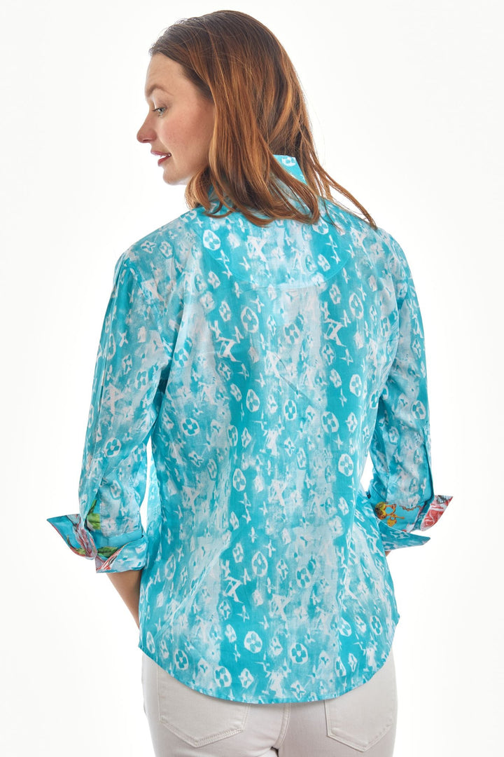 Dizzy-Lizzie Rome 3/4 Sleeve Shirt - Turquoise White Blurry Letters available at Barbara Katz