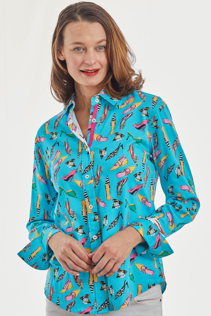 Dizzy-Lizzie Rome Long Sleeve Shirt - Turquoise Shoe Print available at Barbara Katz