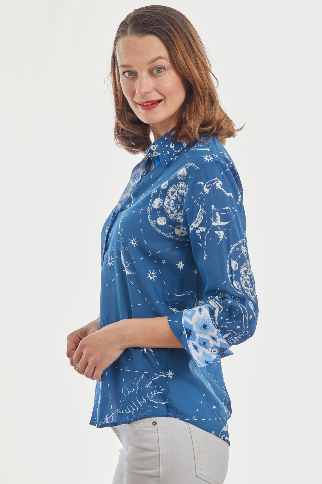 Dizzy-Lizzie Rome 3/4 Sleeve Shirt - Navy Constellation Print available at Barbara Katz