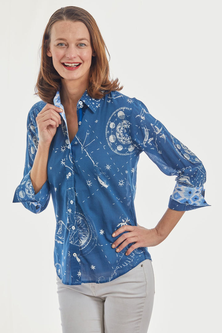 Dizzy-Lizzie Rome 3/4 Sleeve Shirt - Navy Constellation Print available at Barbara Katz