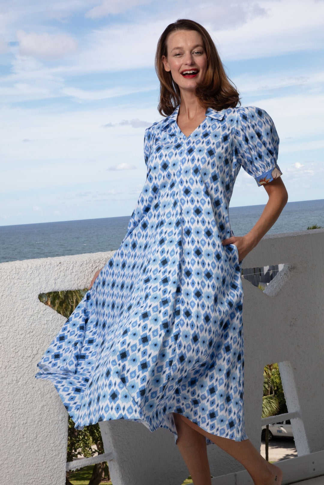 Montauk Dress Blue Ikat Print