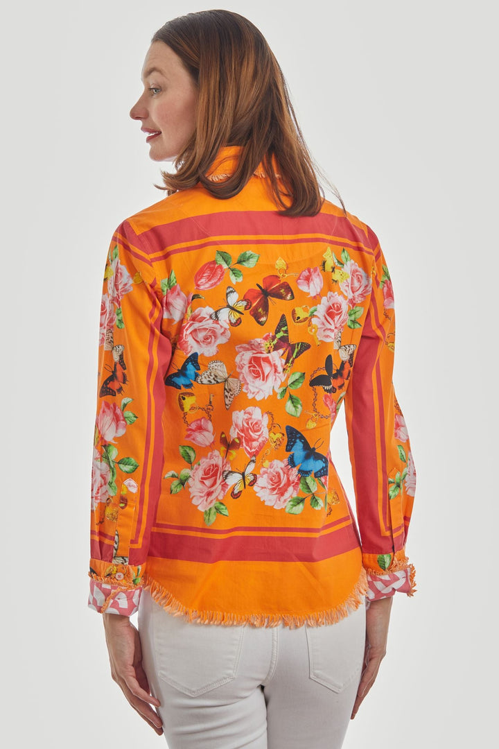 Dizzy-Lizzie Cape Cod Frayed Shirt - Orange with Butterflies available at Barbara Katz