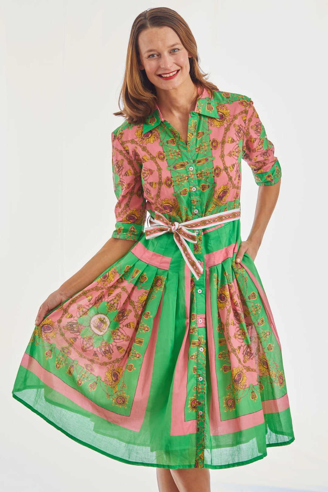 Dizzy-Lizzie Mrs Maisel Dress - Pink Green Gold Engineered available at Barbara Katz