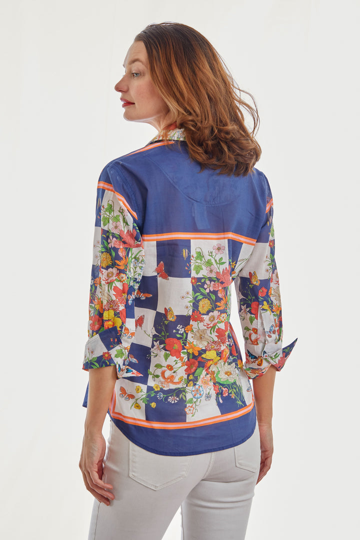 Dizzy-Lizzie Rome 3/4 Sleeve Shirt - Navy Box with Butterflies available at Barbara Katz