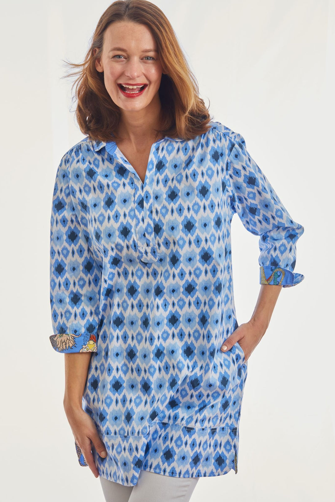 Dizzy-Lizzie Vail Tunic Blue Ikat Print