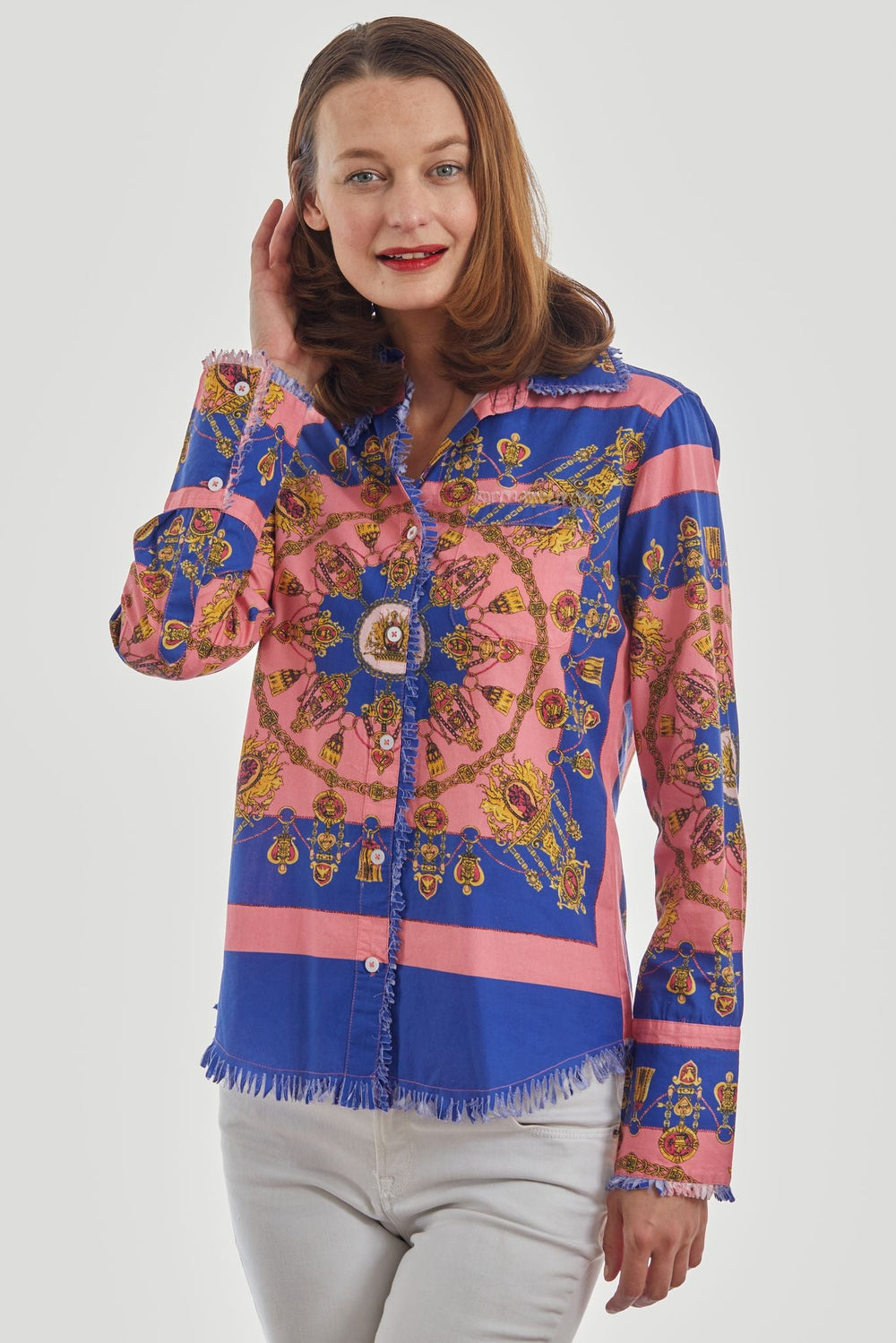 Dizzy-Lizzie Cape Cod Frayed Shirt - Navy Pink With Gold Engineered available at Barbara Katz