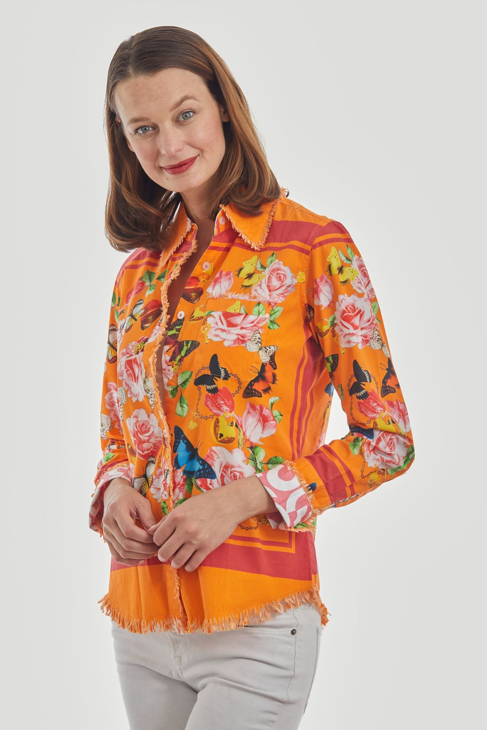 Dizzy-Lizzie Cape Cod Frayed Shirt - Orange with Butterflies available at Barbara Katz