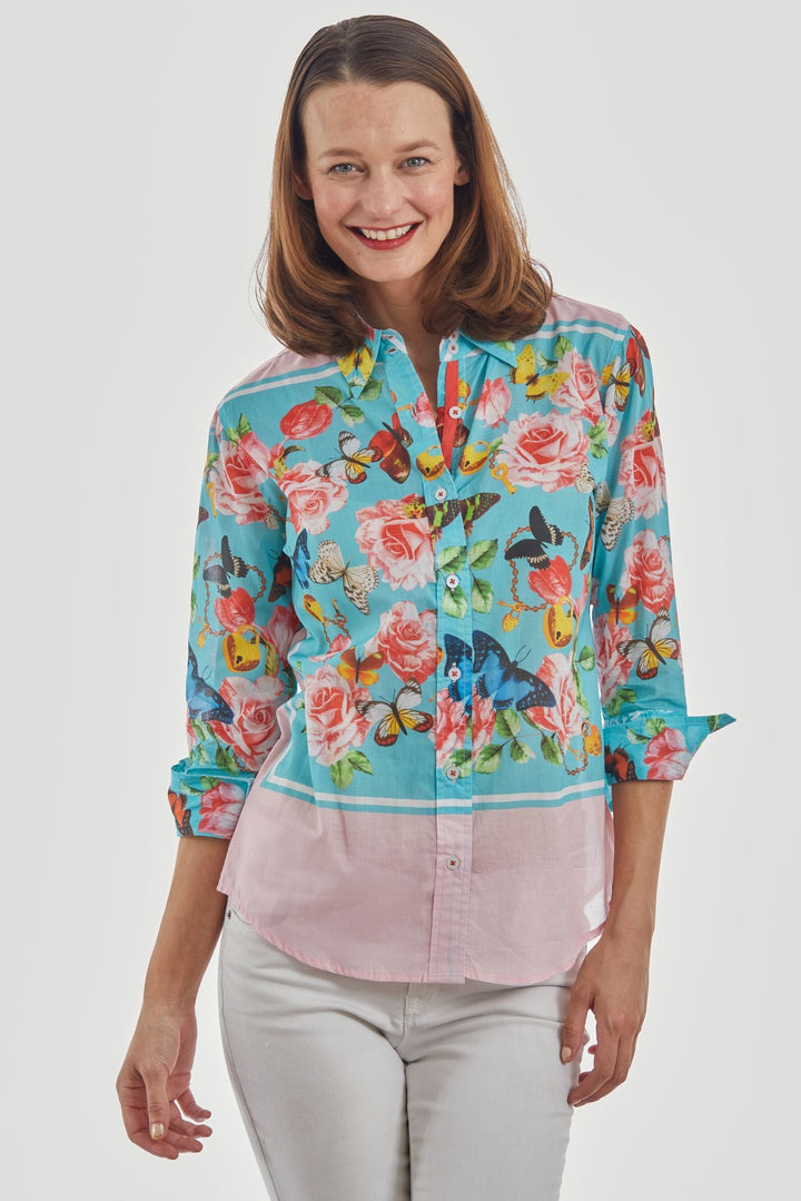 Dizzy-Lizzie Rome 3/4 Sleeve Shirt - Pink Box Print available at Barbara Katz