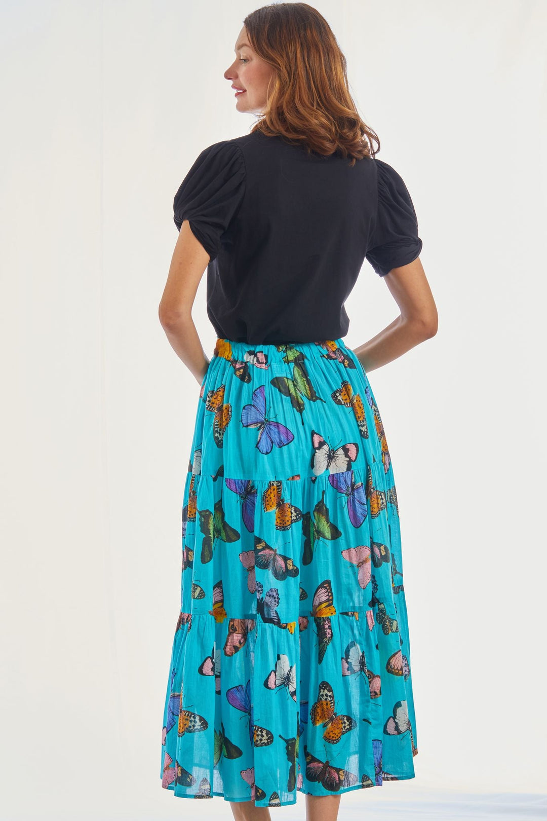 Dizzy-Lizzie Woodstock Midi Skirt - Turquoise With Butterflies available at Barbara Katz