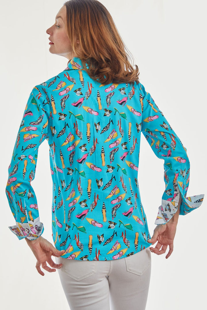 Dizzy-Lizzie Rome Long Sleeve Shirt - Turquoise Shoe Print available at Barbara Katz