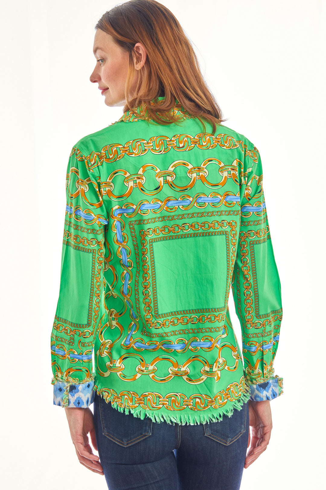 Dizzy-Lizzie Cape Cod Frayed Shirt - Green Blue Links available at Barbara Katz