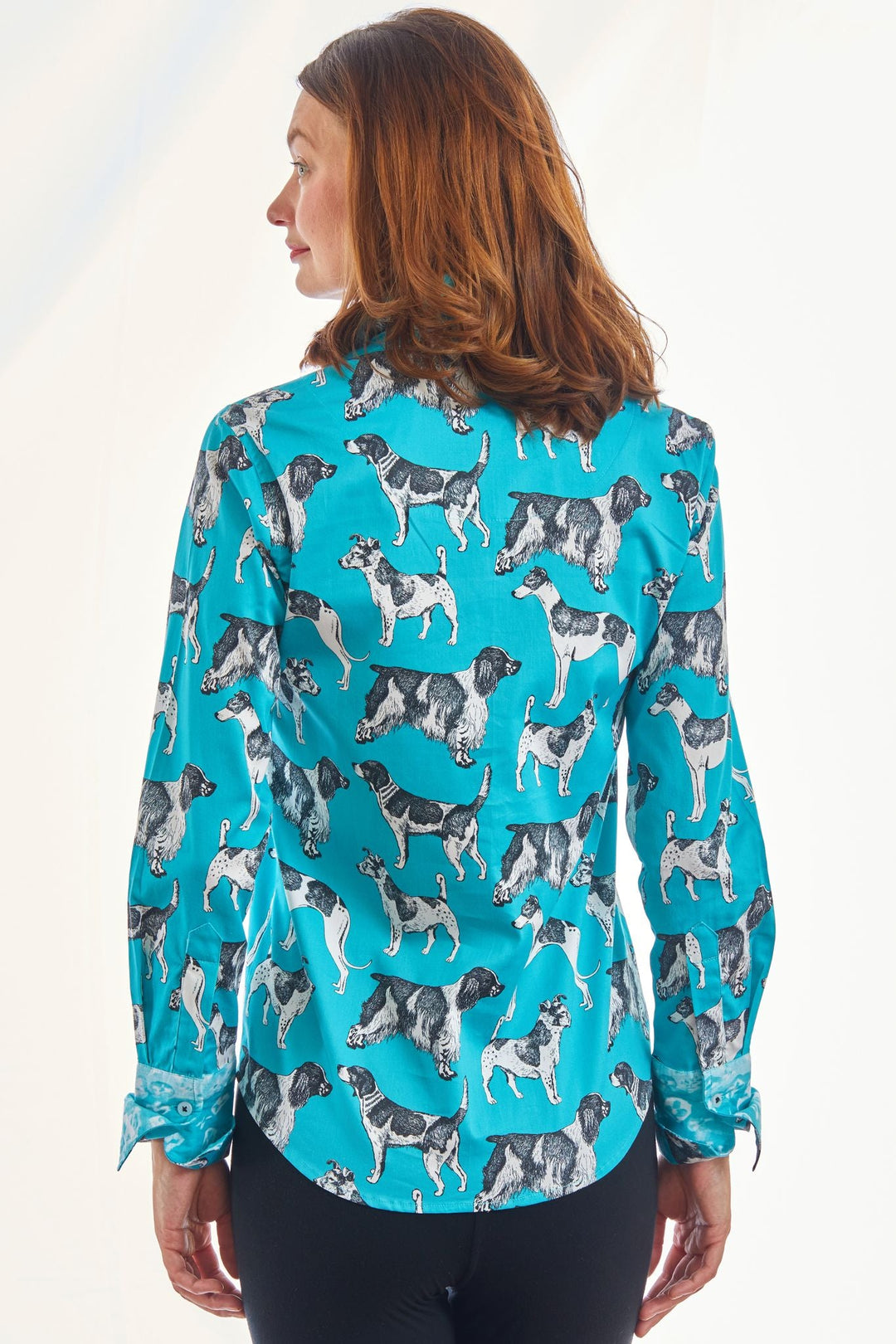 Dizzy-Lizzie Rome Long Sleeve Shirt - Turquoise Ground Black White Pooches available at Barbara Katz