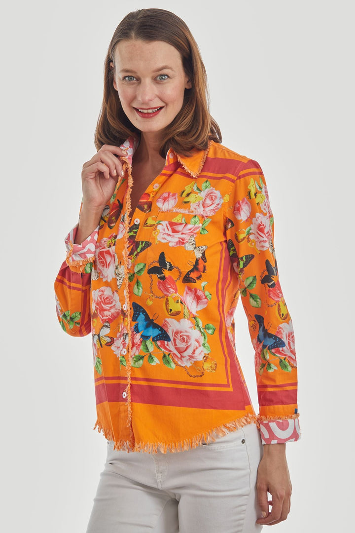 Dizzy-Lizzie Cape Cod Frayed Shirt - Orange with Butterflies available at Barbara Katz