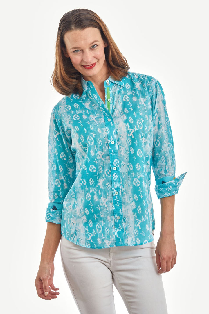 Dizzy-Lizzie Rome 3/4 Sleeve Shirt - Turquoise White Blurry Letters available at Barbara Katz