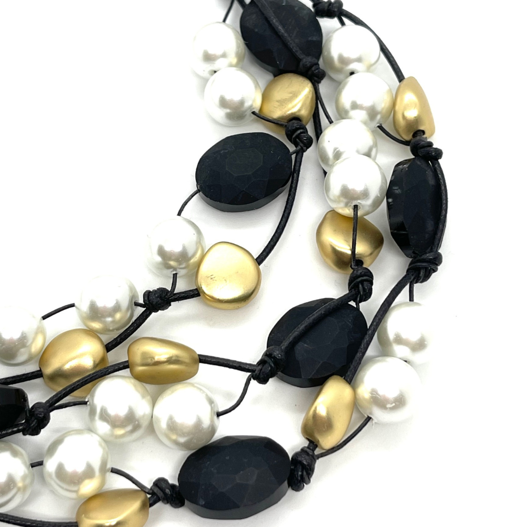 Deborah Grivas Matte Black Crystal, White Pearl, Matte Gold Pebble Bead Torsade Necklace