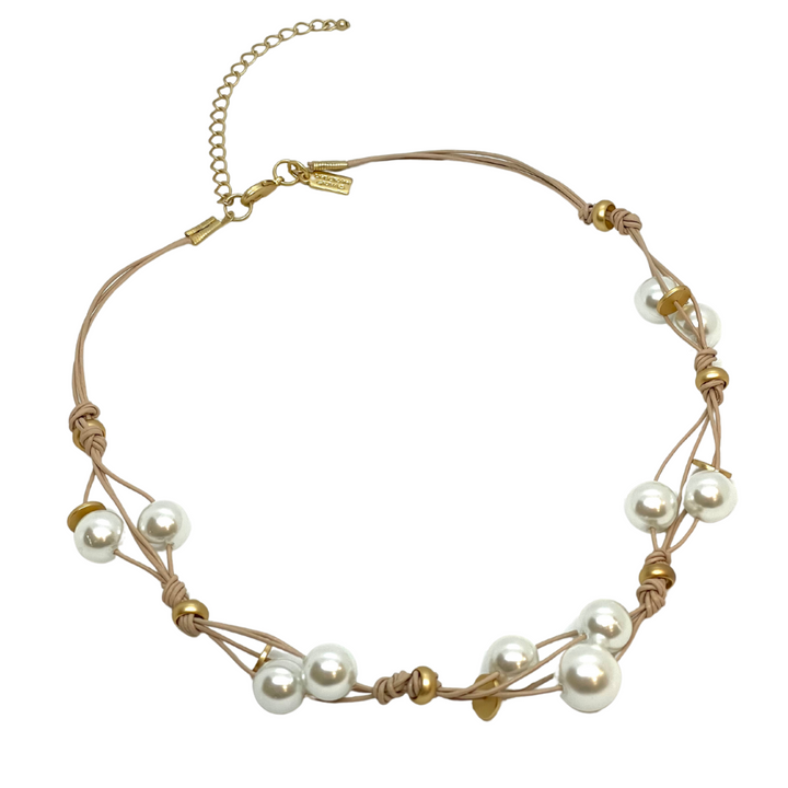 Deborah Grivas White Pearl Woven Leather Necklace