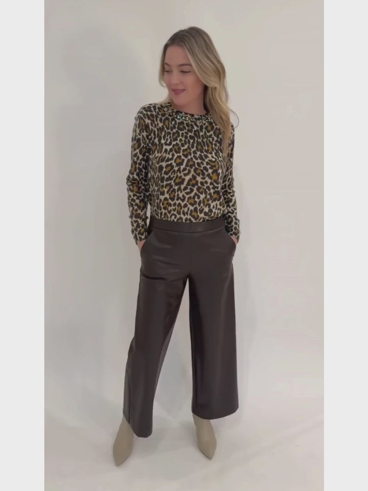 Essentiel Antwerp Galler Leopard Print Pullover Sweater in Black Combo paired with Raffaello Rossi 6/8 Palina Pants in Tabak available at Barbara Katz