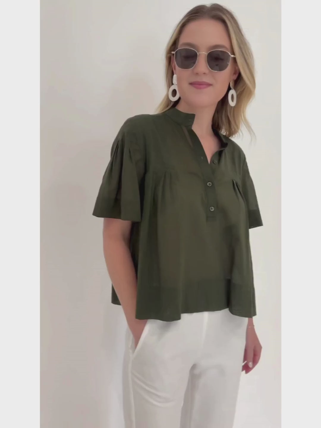 rame Pleated Button-Up Blouse in Military paired with Enza Costa Twill Everywhere Pant in Off White