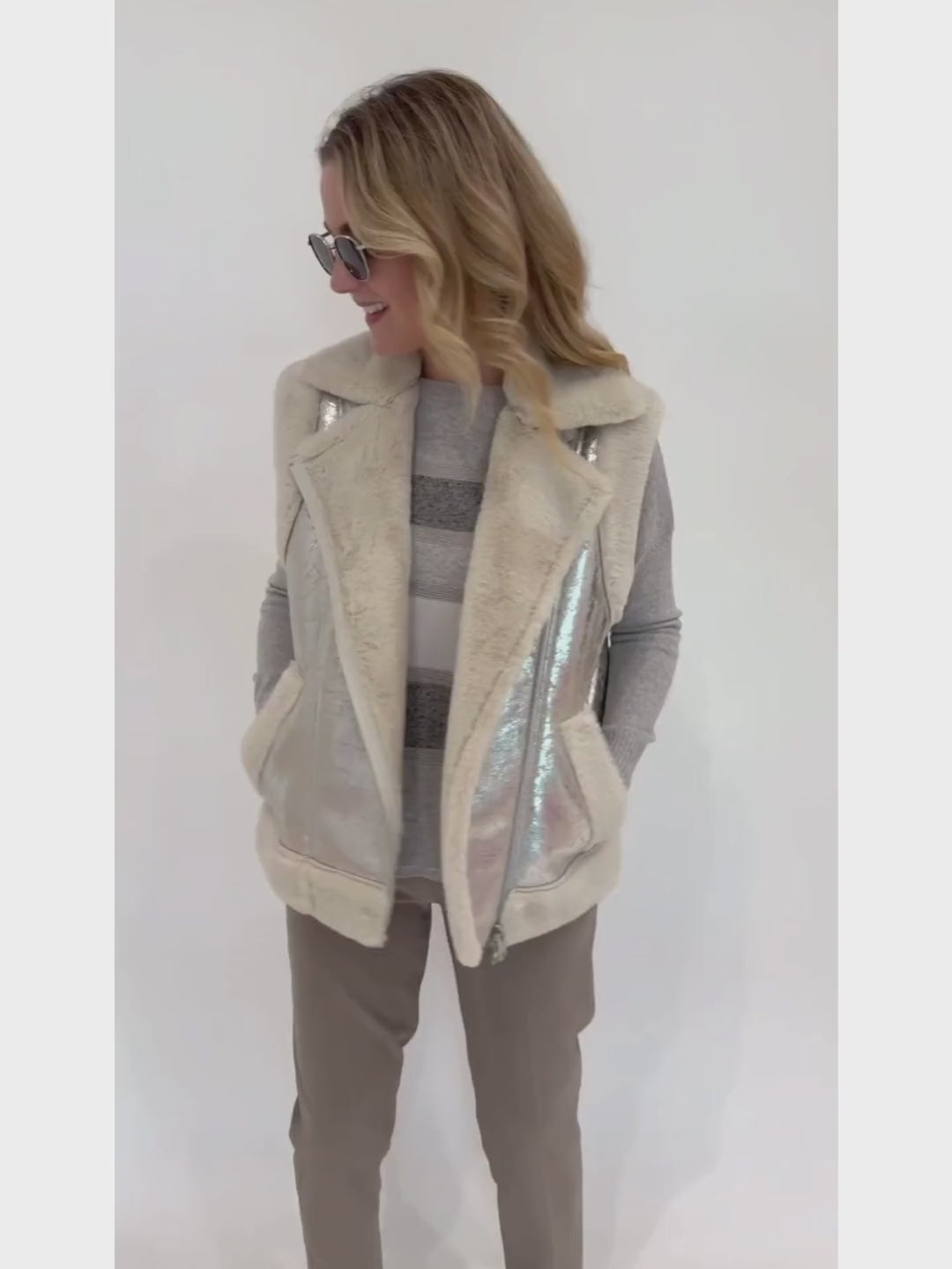 D.Exterior Multi Stripe Crew Sweater in Cenere layered with Metallic Vest in Onice, paired with EW Straight Leg Trouser in Visone, Le Specs Neptune Deux Sunglasses - all available at Barbara Katz