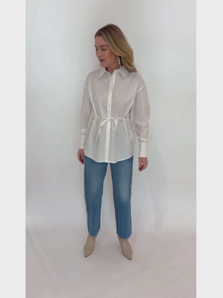 Ba&sh Aply Long Sleeve Top in Blanc paired with Frame Atelier Le Jane Crop Jeans in Daylight Pearl, Lizzie Fortunato Silver Mine Earrings - all available at Barbara Katz