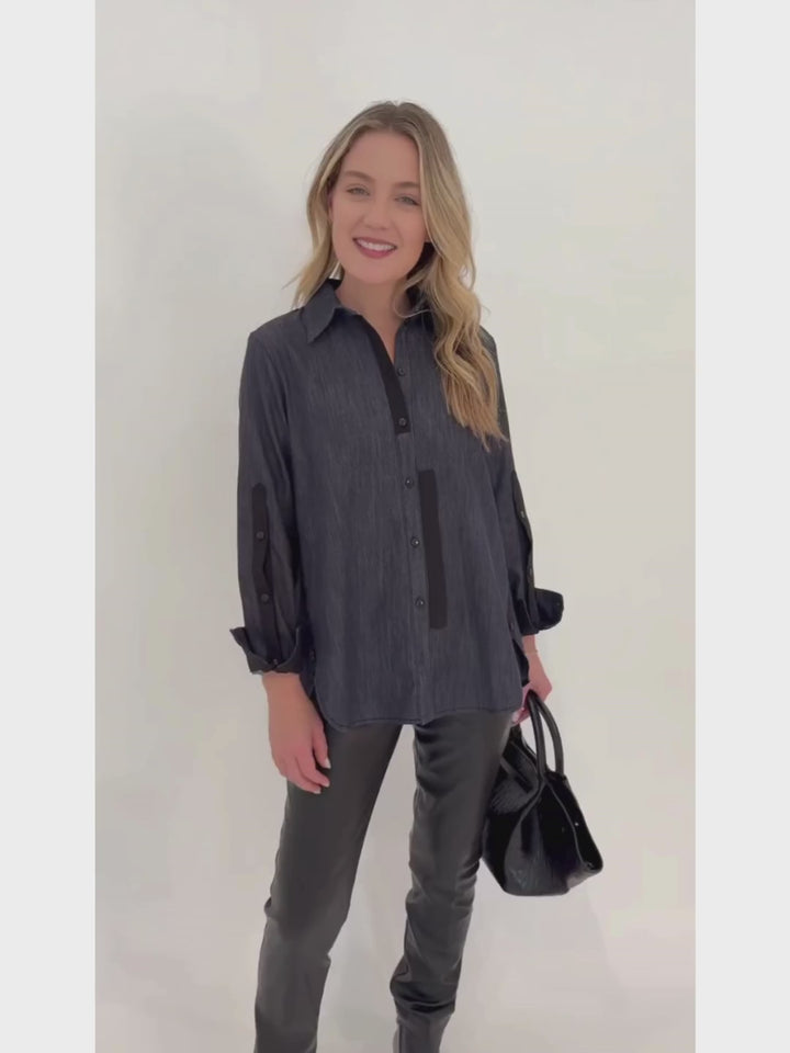 Ozai N Ku Emily Button Down Shirt in Denim paired with Peace of Cloth Black Jilian Faux Leather Slim Jeans, and bag DeMellier The Midi New York Tote in Black Croc Effect available at Barbara Katz