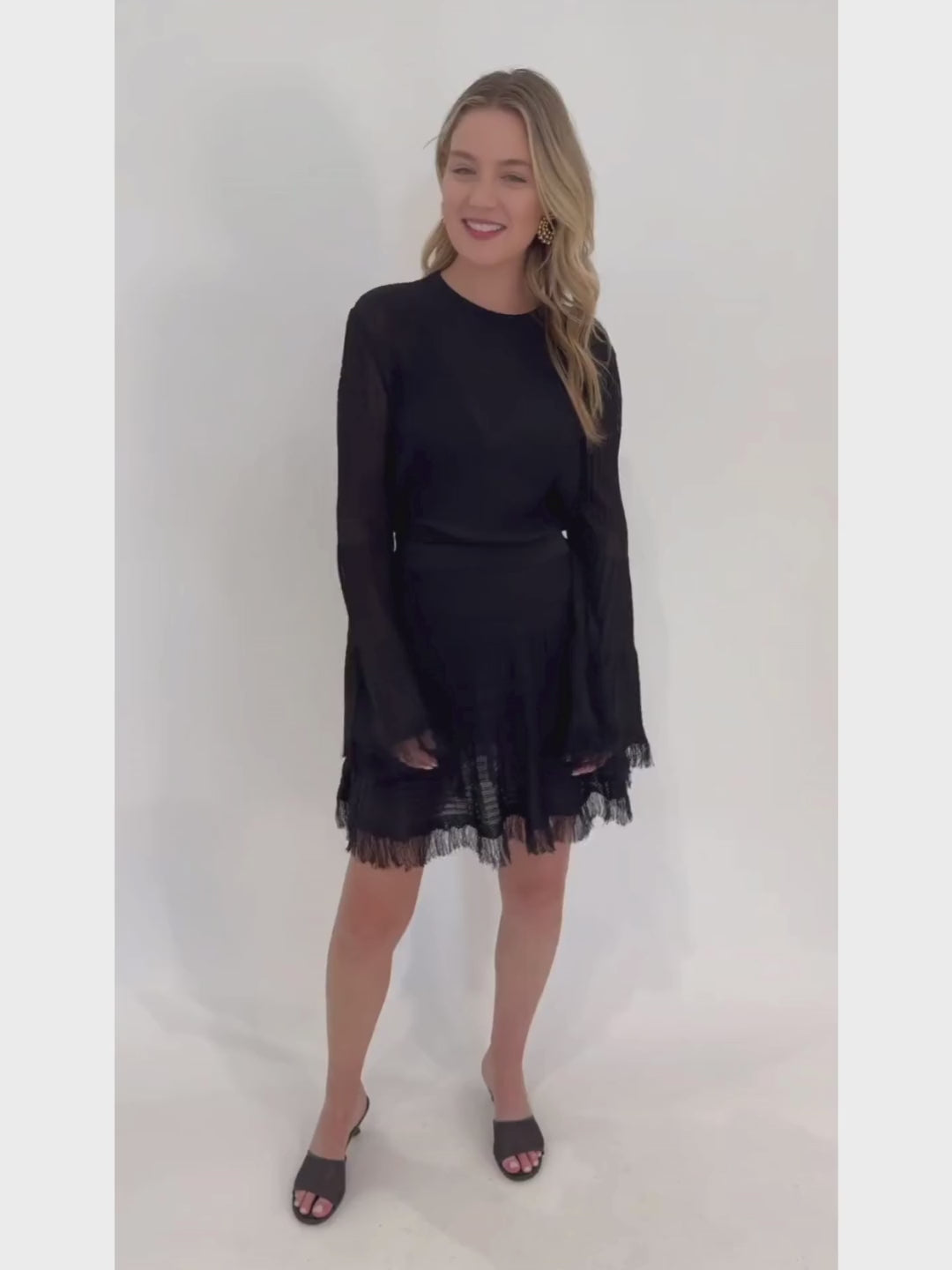 Maria Pavan Miley Fringe Long Sleeve Top paired with Riley Fringe Skirt in Black available at Barbara Katz