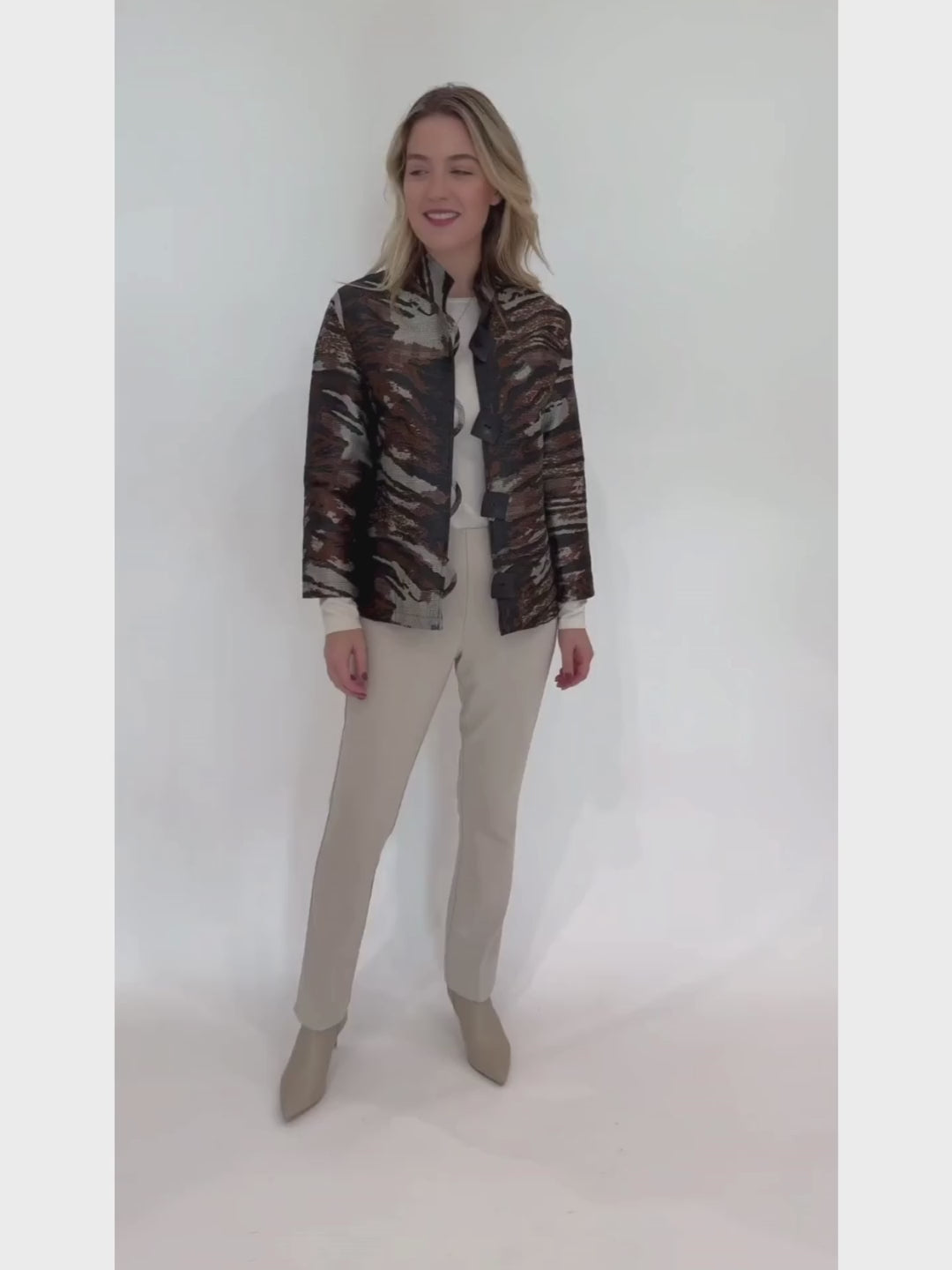 Caroline Rose Tigrees Jacket in Multi/Black paired with Peace of Cloth Annie Paramount Knit Pants in Buff available at Barbara Katz